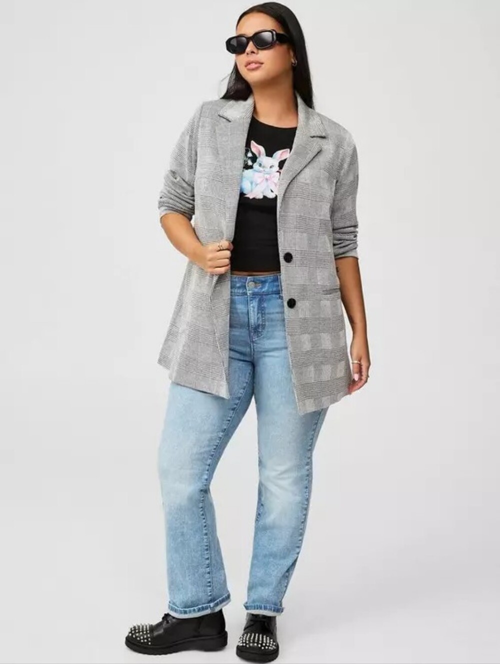 Torrid 00 Studio Double Knit Boyfriend Blazer Large 12/14 Black Houndstooth